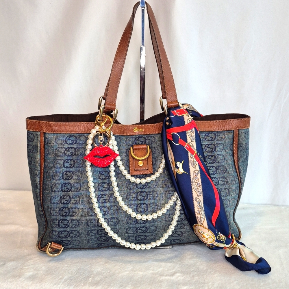 Gucci RARE Denim Abbey Blue and Brown Tote Bag COA - Picture 3 of 17